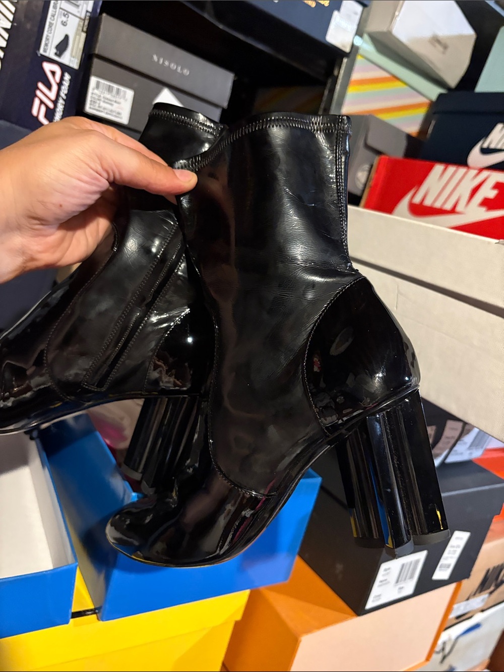 Black Patent Mid-Calf Block Heel Boots - Picture 7 of 13
